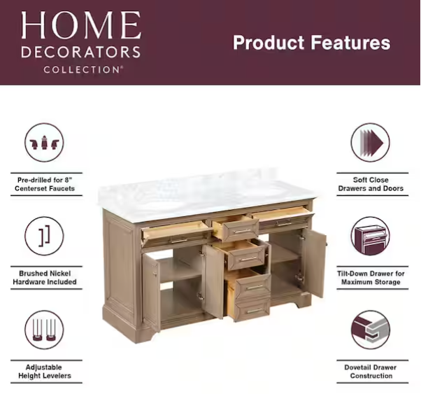Windlowe 61 in. Double Sink Almond Taupe Bath Vanity with White Carrara Marble Top, CLEARANCE PRICE: $999.99[FBM-120]