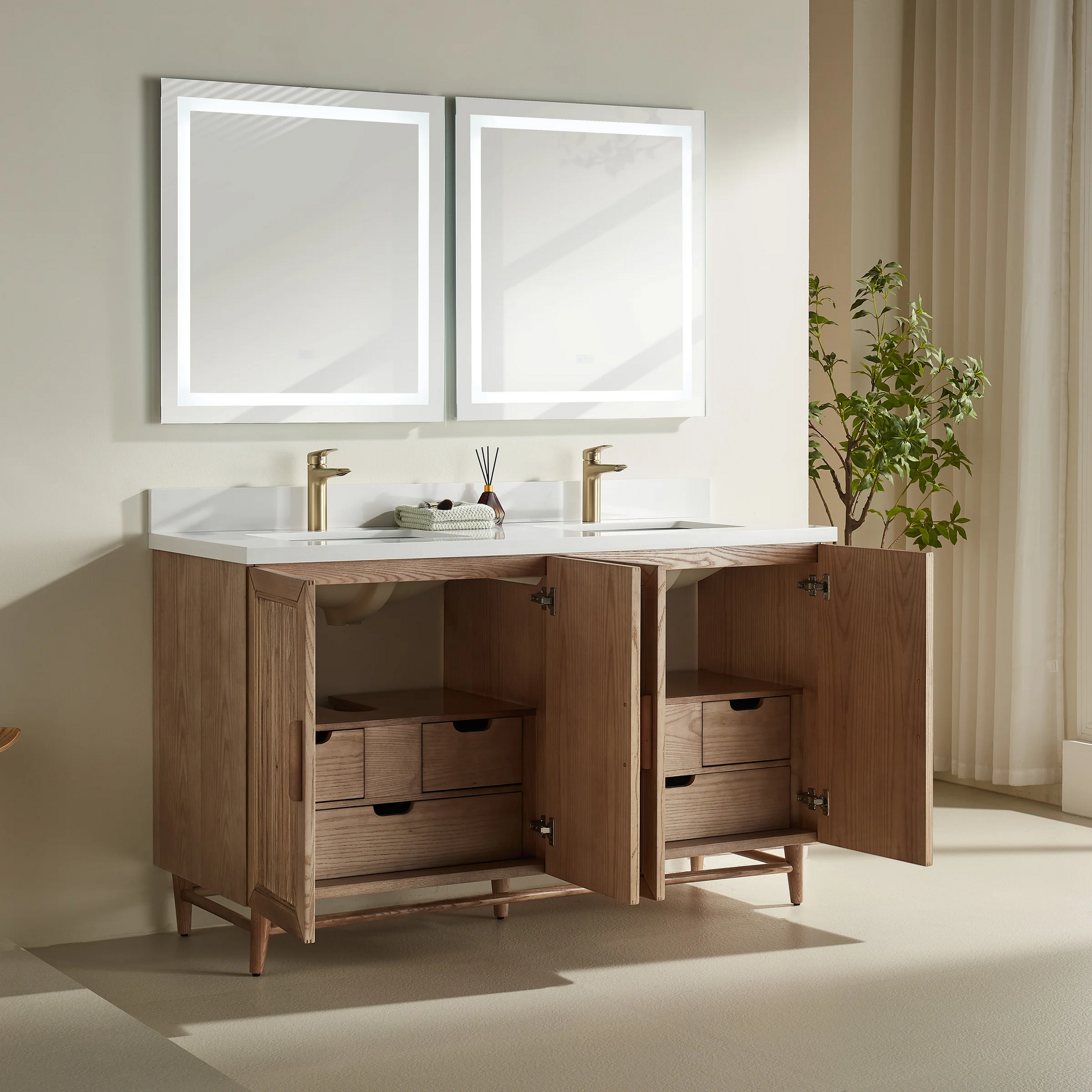 Sunflower 60-in Double Sink Vanity with Engineered Carrara Top in Light Coffee, Sunflower13060B-DLC, Retail: $2,890.00, FINAL PRICE: $1,299.99 + TAX [FBM-182]