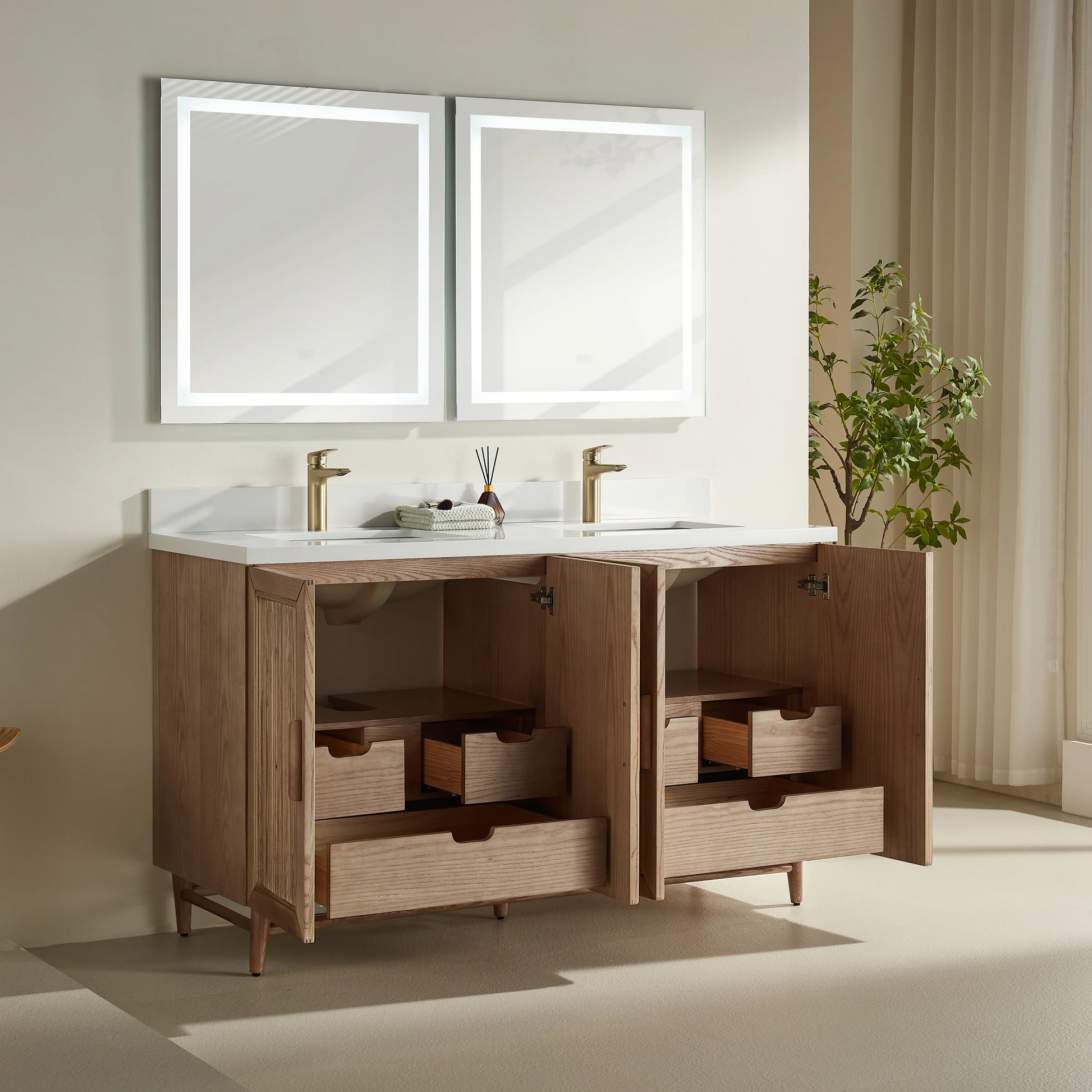Sunflower 60-in Double Sink Vanity with Engineered Carrara Top in Light Coffee, Sunflower13060B-DLC, Retail: $2,890.00, FINAL PRICE: $1,299.99 + TAX [FBM-182]