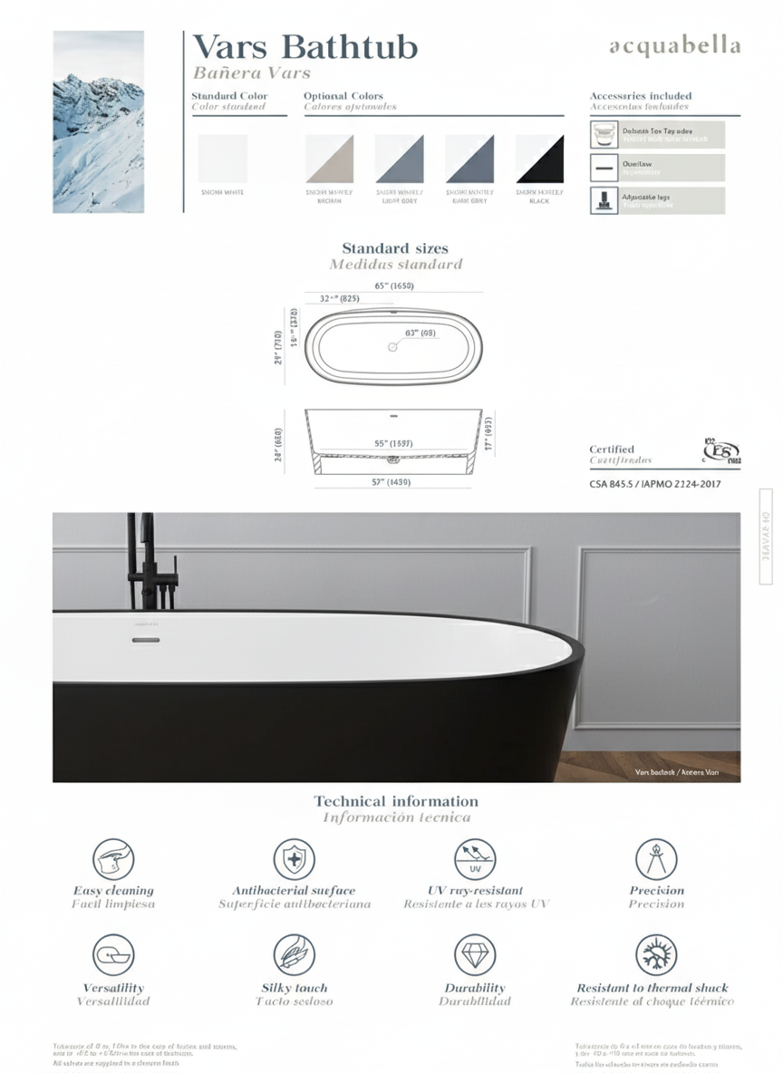 Acquabella Vars Center Drain 65x29 Freestanding Bathtub in Snow White with Matte Black, VB6529MBW, Retail: $10,000.00, FINAL PRICE: $1,499.99 + TAX