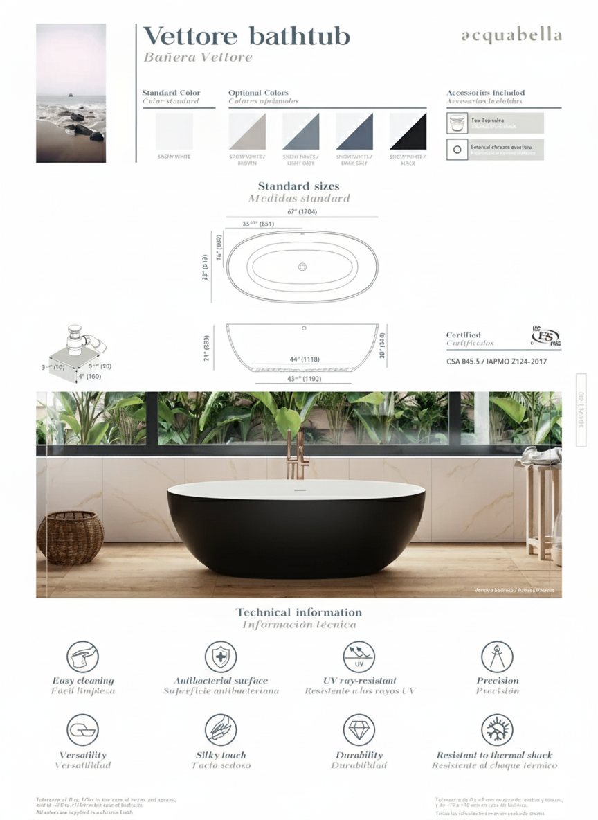 Acquabella Vettore Center Drain 67x32 Freestanding Bathtub in Snow White with Matte Black, VTB6732MBW, Retail: $10,000.00, FINAL PRICE: $1,499.99 + TAX