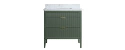 Green bathroom vanity with white countertop on a white background