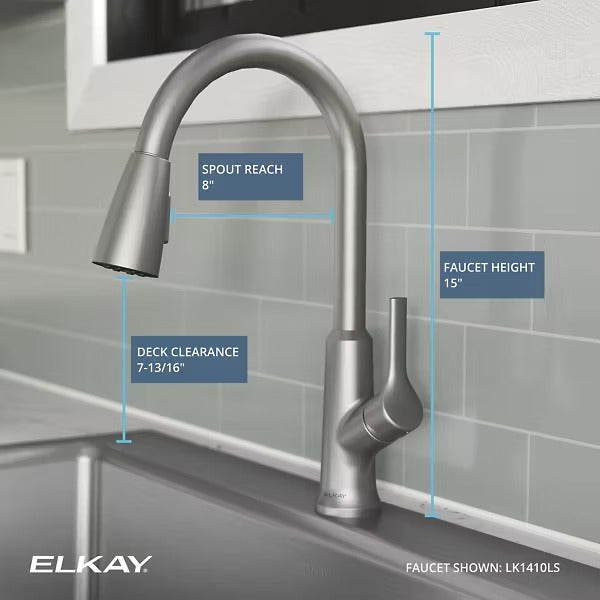 Elkay Single Hole Kitchen Faucet w/ Pull-down Spray and Lever Handle in Lustrous Steel, Loc: Rug1,  FINAL PRICE: $99.99 + TAX