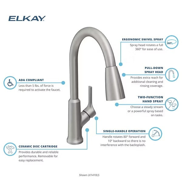 Elkay Single Hole Kitchen Faucet w/ Pull-down Spray and Lever Handle in Lustrous Steel, Loc: Rug1,  FINAL PRICE: $99.99 + TAX
