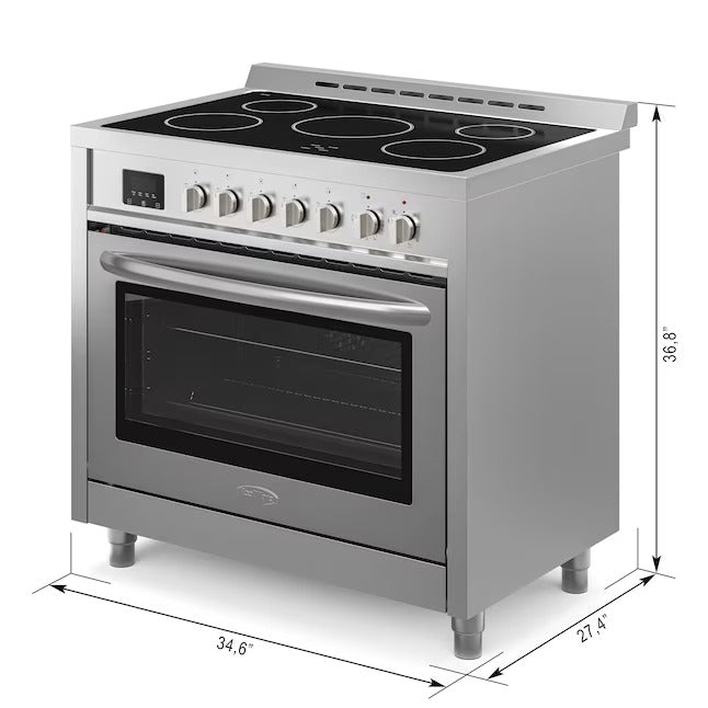 KoolMore 36-in Glass Top 5 burners 4.3-cu ft Convection Oven Freestanding Electric Range in Stainless-Steel, KM-FR36EE-SS *JR2508, Retail: $2424.45, FINAL PRICE: $1499.99 + TAX