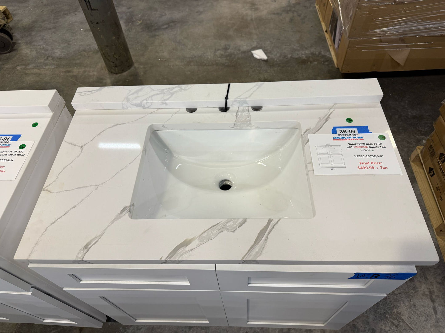 Vanity Sink Base 36-IN with CUSTOM Quartz Countertop in White, VSB36-CQTSQ-WH, Final Price: $499.99 + Tax