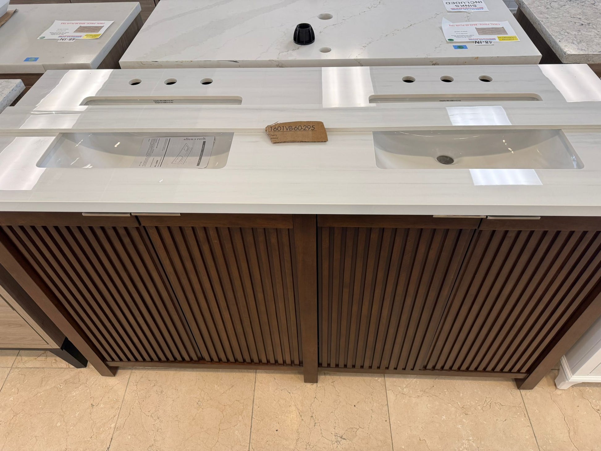 Frank Lloyd Wright USONIA 60-in Cherry Double Sink Bathroom Vanity with Natural Carrara Marble Top, 1601VA-60-295-900-UM, [FB275], FINAL PRICE: $1,299.99, CLEARANCED: $1,099.99 + Tax