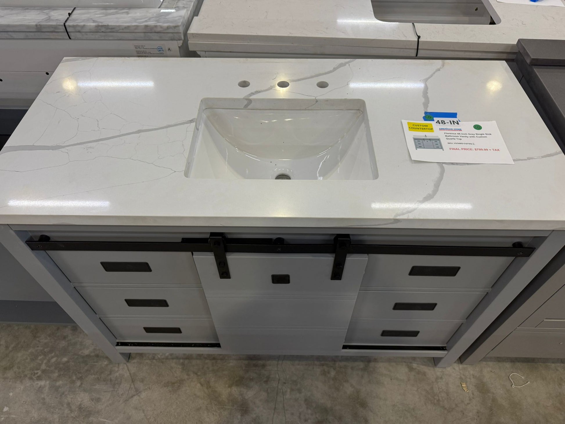 Florence 48-inch Grey Single Sink Bathroom Vanity with Custom Quartz Top, VV348G-CQTSQ, Retail: $1,399.95, CLEARANCE PRICE: $799.99 + TAX