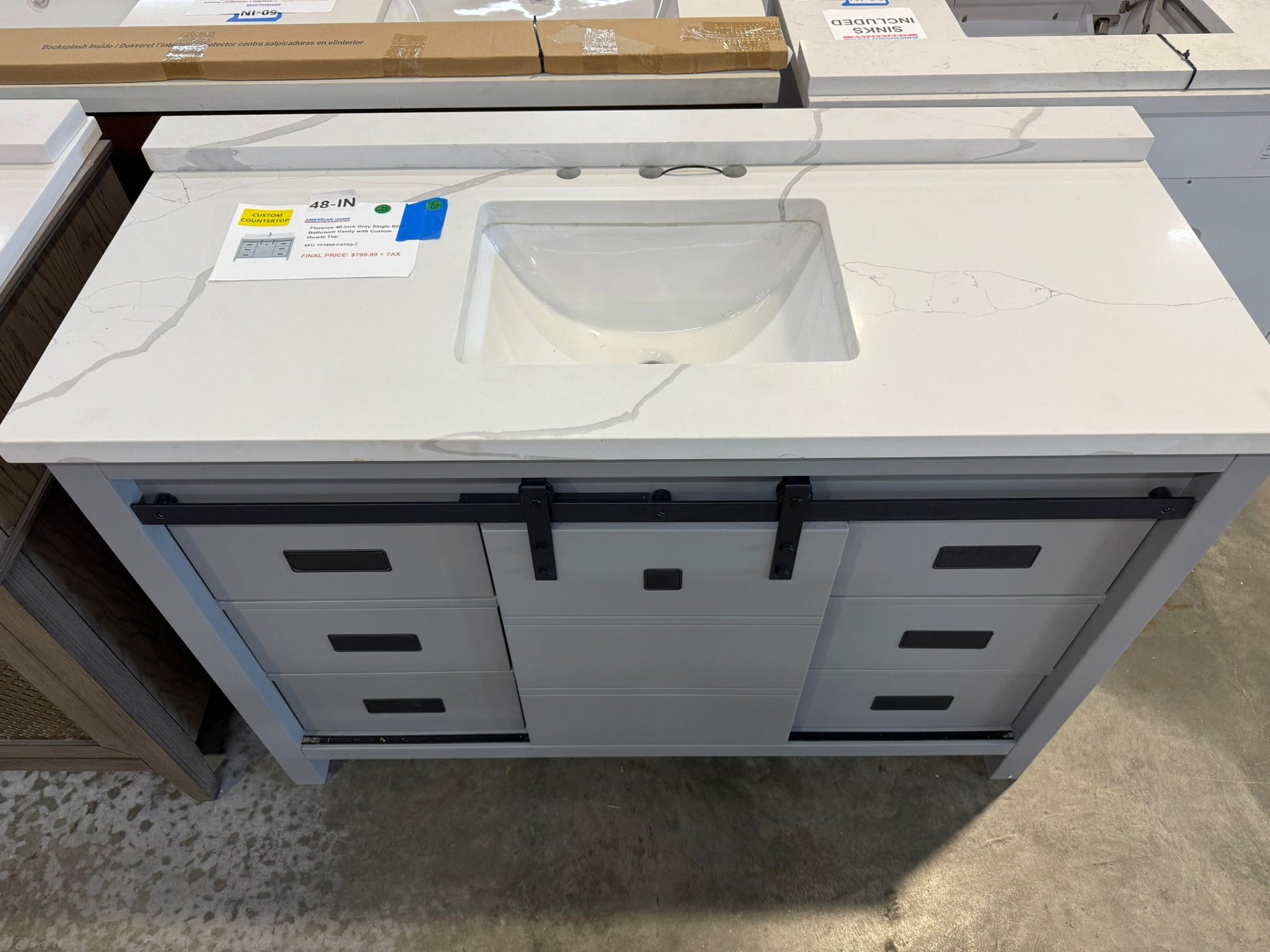 Florence 48-inch Grey Single Sink Bathroom Vanity with Custom Quartz Top, VV348G-CQTSQ, Retail: $1,399.95, CLEARANCE PRICE: $799.99 + TAX