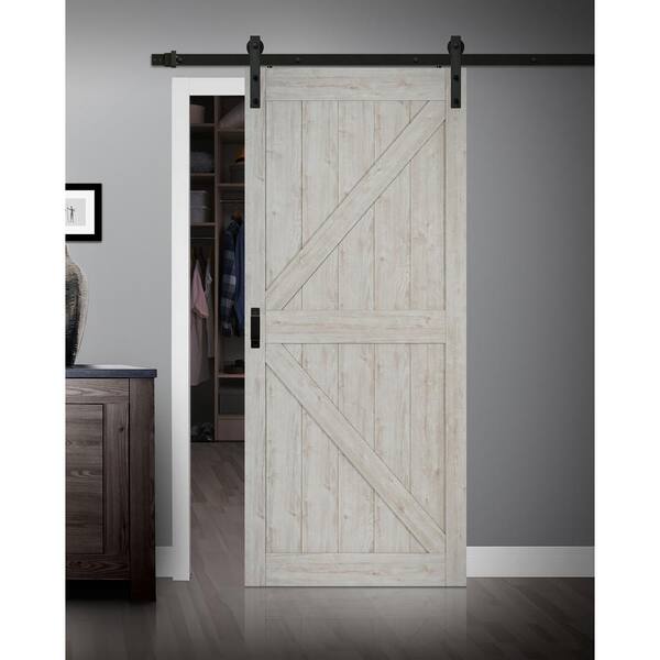 TRUporte K Design 36x84 Ashen Grey Finished MDF Sliding Barn Door with Bent Strap Hardware Kit, [FB296]
