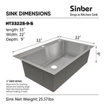 Duko Sink 33-IN Drop-In Single Bowl (Sink Only), HT3322S-S-9 CLEARANCE! $159.99 + TAX