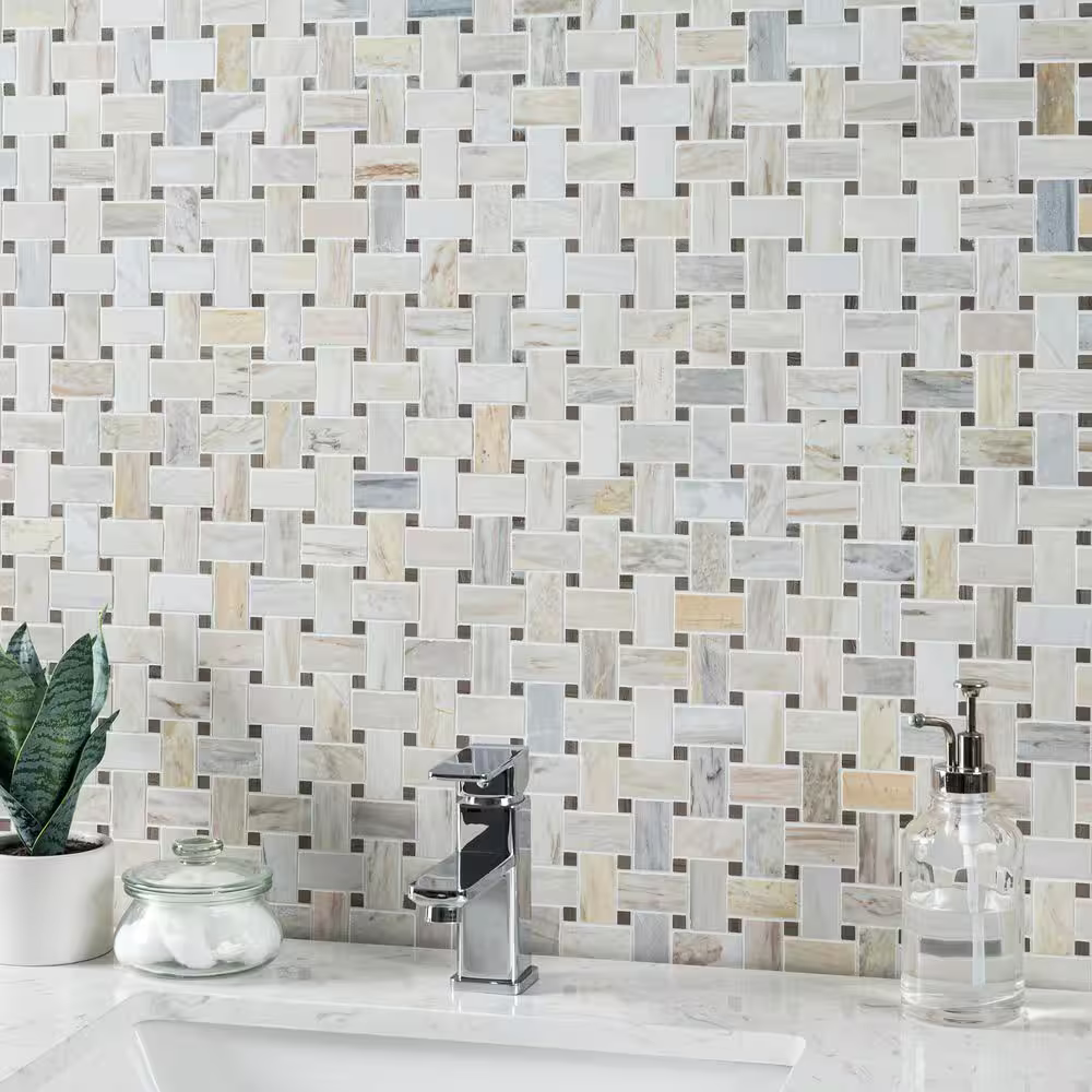 **PER PCS** Angora Basketweave 12x12 Polished Marble Mesh-Mounted Mosaic, ANGORA-BWP10MM, 9.7mm, 10pcs, 45 lbs, 10sf, Retail: $14.46/pc, FINAL PRICE: $6.99/pc + Tax