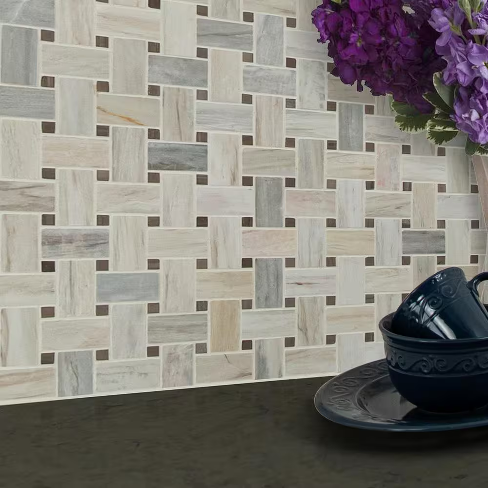 **PER PCS** Angora Basketweave 12x12 Polished Marble Mesh-Mounted Mosaic, ANGORA-BWP10MM, 9.7mm, 10pcs, 45 lbs, 10sf, Retail: $14.46/pc, FINAL PRICE: $6.99/pc + Tax