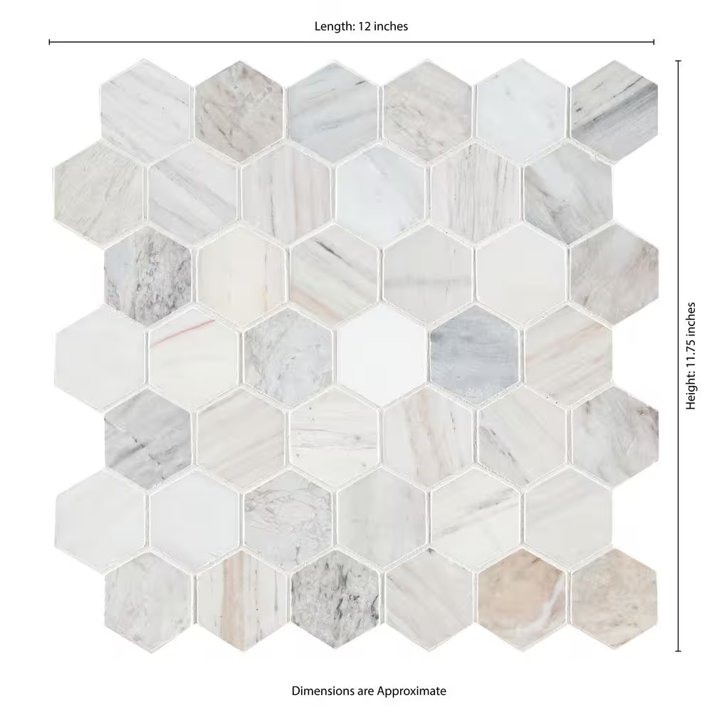 Angora 2-in Hexagon 12x12 Polished Marble Mesh-Mounted Mosaic, SMOT-ANGORA-2HEXP, 9.8sf, 10 pcs, 49 lbs, FINAL PRICE: $7.99/pc, $79.90/box + Tax