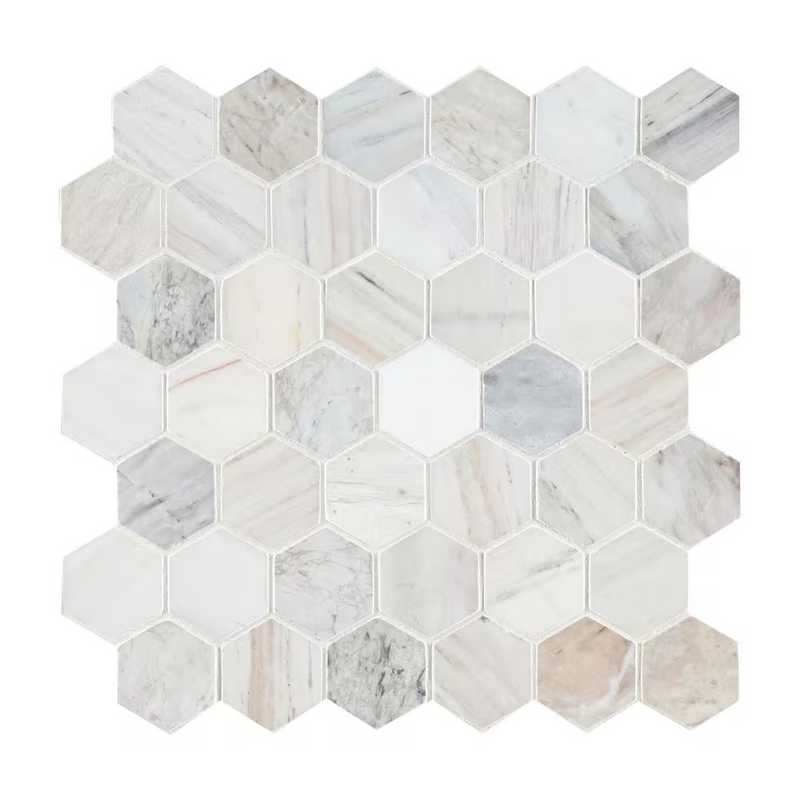 Angora 2-in Hexagon 12x12 Polished Marble Mesh-Mounted Mosaic, SMOT-ANGORA-2HEXP, 9.8sf, 10 pcs, 49 lbs, FINAL PRICE: $7.99/pc, $79.90/box + Tax