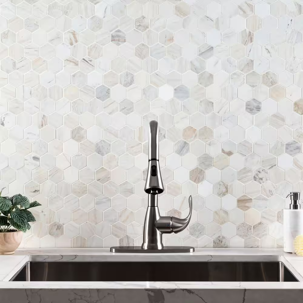 Angora 2-in Hexagon 12x12 Polished Marble Mesh-Mounted Mosaic, SMOT-ANGORA-2HEXP, 9.8sf, 10 pcs, 49 lbs, FINAL PRICE: $7.99/pc, $79.90/box + Tax
