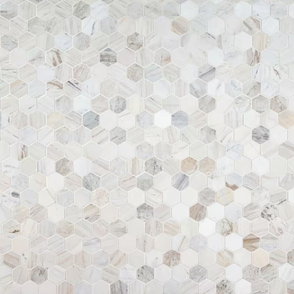 Angora 2-in Hexagon 12x12 Polished Marble Mesh-Mounted Mosaic, SMOT-ANGORA-2HEXP, 9.8sf, 10 pcs, 49 lbs, FINAL PRICE: $7.99/pc, $79.90/box + Tax