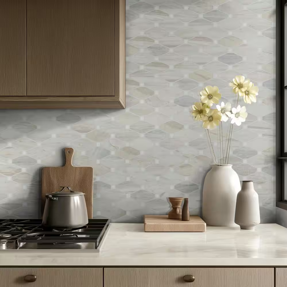 Angora Elongated Octagon 12x13 Polished Marble Mesh-Mounted Mosaic, SMOT-ANGORA-OCTELP, 10.1sf, 10 pcs, 35 lbs, FINAL PRICE: $11.99/pc, $119.90/box + Tax