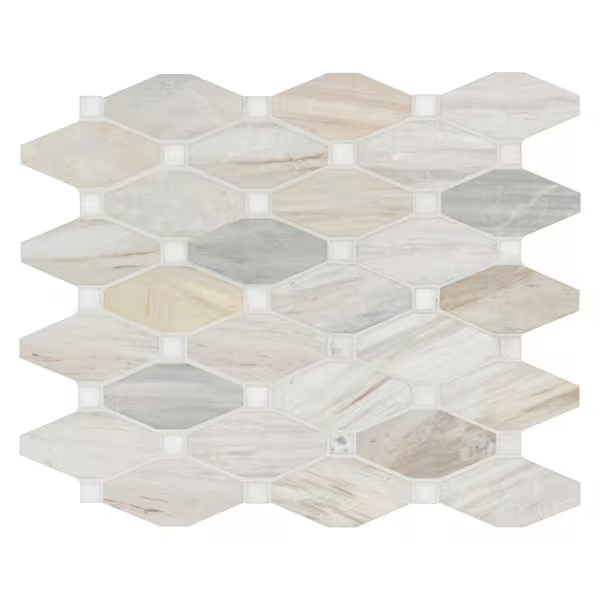 Angora Elongated Octagon 12x13 Polished Marble Mesh-Mounted Mosaic, SMOT-ANGORA-OCTELP, 10.1sf, 10 pcs, 35 lbs, FINAL PRICE: $11.99/pc, $119.90/box + Tax