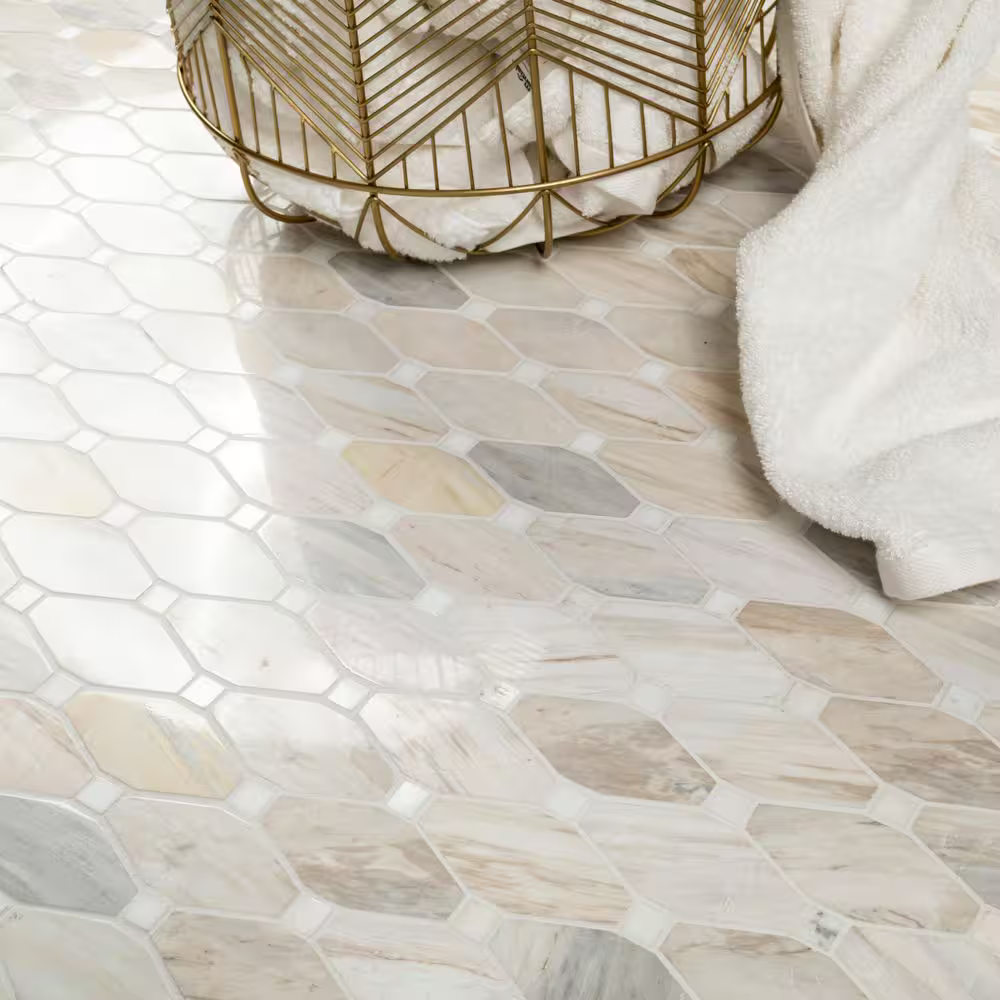 Angora Elongated Octagon 12x13 Polished Marble Mesh-Mounted Mosaic, SMOT-ANGORA-OCTELP, 10.1sf, 10 pcs, 35 lbs, FINAL PRICE: $11.99/pc, $119.90/box + Tax