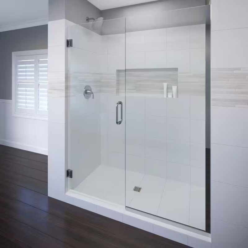 *No Hardware* Basco Celesta 46 in. x 72 in. Semi-Frameless Pivot Shower Door in Chrome with Handle, CELA9354672CLSV, MSRP: $955.88, Final Price: $249.99, CLEARANCED: $75.00 + Tax
