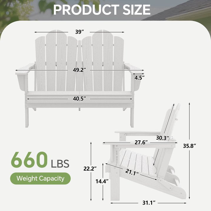 SERWALL Outdoor Bench Folding Adirondack Bench HDPE All-Weather Adirondack Loveseat for Park + Deck + Lawn + Garden, A041-093-001 *HD2509, Retail: $329.99, FINAL PRICE: $149.99 + TAX