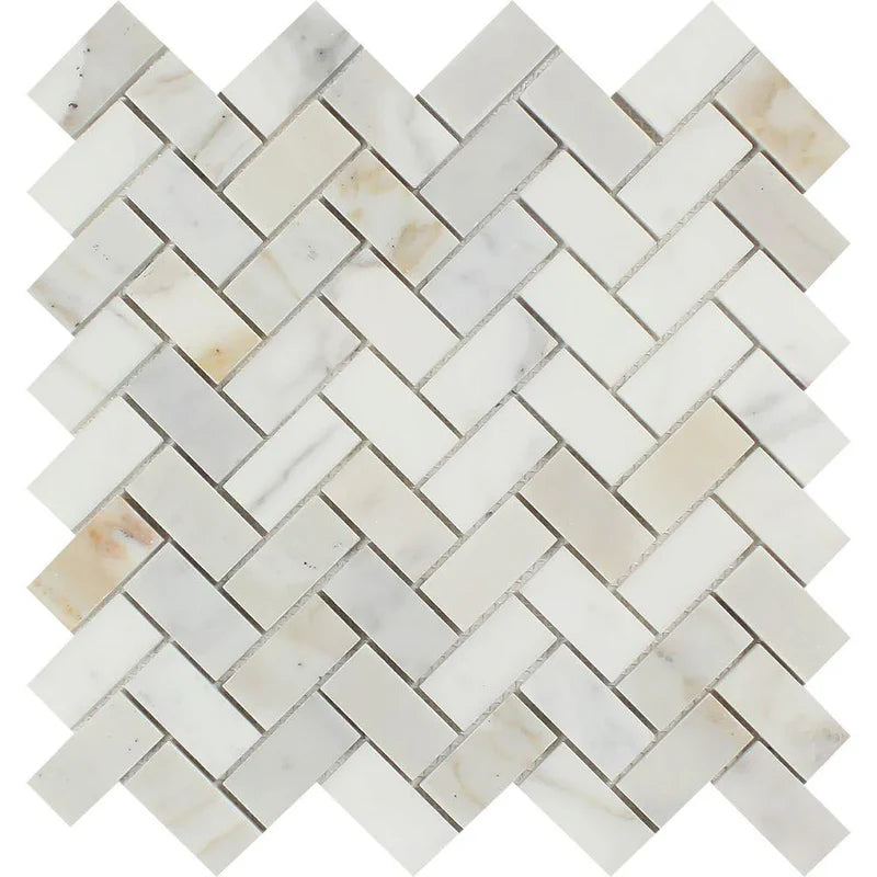 **PER PC** Calacatta Herringbone 12x12 Porcelain Mosaic, 5sf, 5pcs, 20 lbs, FINAL PRICE: $4.99/pc, $24.95/bx + Tax