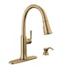 Delta Eldridge Single Handle Pull-Down Kitchen Faucet with Soap Dispenser and ShieldSpray Technology in Champagne Bronze, 19842Z-CZSD-DST, MRSP: $406.25, FINAL PRICE: $ + TAX