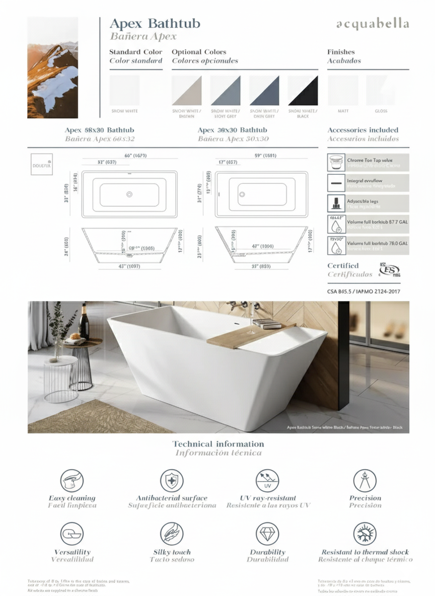 Acquabella Apex Center Drain 59x31 Freestanding Bathtub in Gloss White, APB5931GW, Retail: $10,000.00, FINAL PRICE: $1,499.99 + TAX