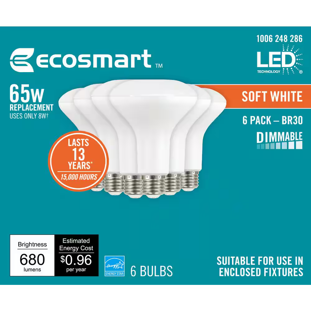 EcoSmart 65-Watt Equivalent BR30 Dimmable Energy Star LED Flood Light Bulb Soft White (6-Pack), 1006248286 *HD2509, Retail: $22.48, FINAL PRICE: $11.99 + TAX