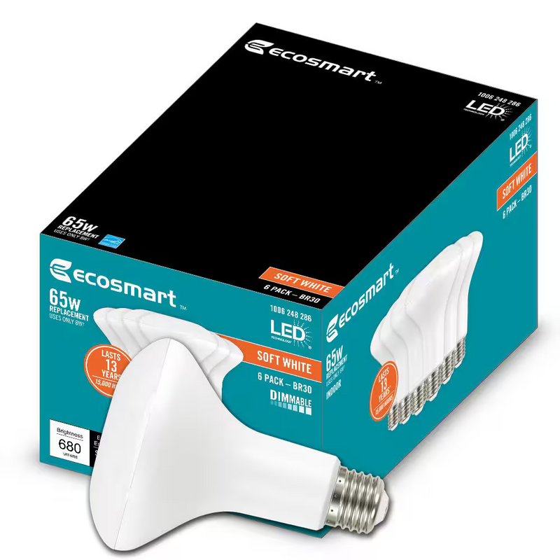 EcoSmart 65-Watt Equivalent BR30 Dimmable Energy Star LED Flood Light Bulb Soft White (6-Pack), 1006248286 *HD2509, Retail: $22.48, FINAL PRICE: $11.99 + TAX