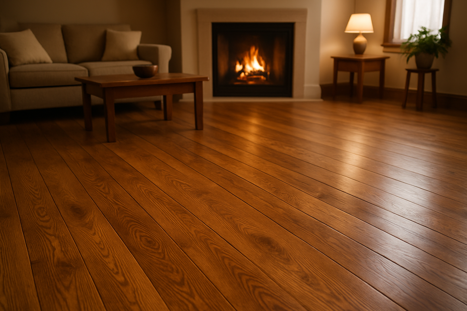 Hardwood Floors in a cozy living room with fireplace but focus more on the flooring