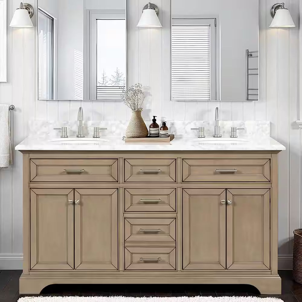 Windlowe 61 in. Double Sink Almond Taupe Bath Vanity with White Carrara Marble Top, CLEARANCE PRICE: $999.99[FBM-120]