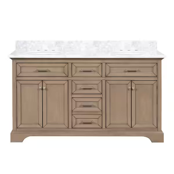 Windlowe 61 in. Double Sink Almond Taupe Bath Vanity with White Carrara Marble Top, CLEARANCE PRICE: $999.99[FBM-120]