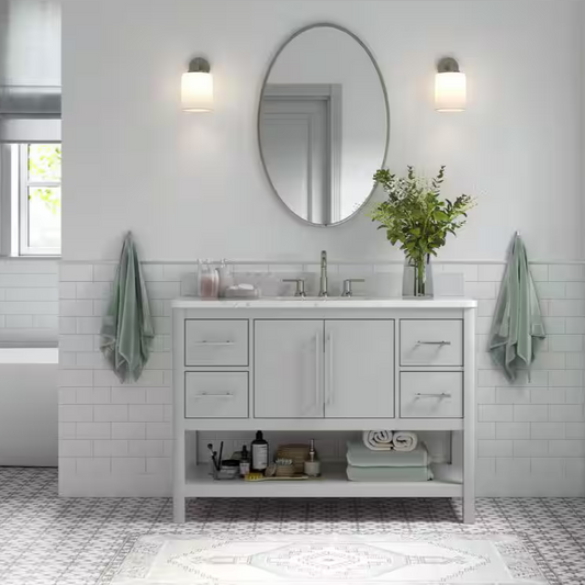 **ASSEMBLY REQUIRED** Ellen DeGeneres Norbeck 48-in Light Gray Vanity with Natural Carrara Marble Top, 2343VA-48-242-900-UM, FINAL PRICE: $699.99 + Tax