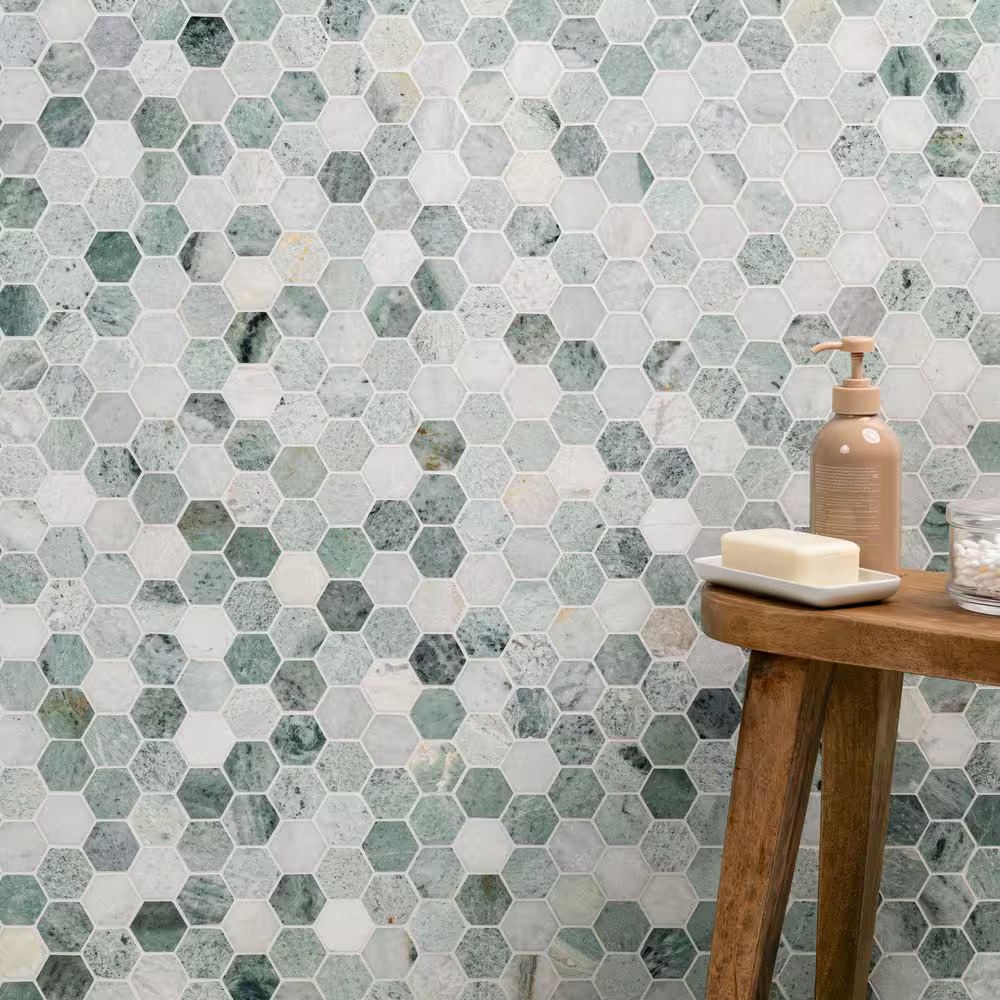 Icelandic Green 2 in. Hexagon 12x12 Polished Marble Mesh-Mounted Mosaic, SMOT-ICEGRE-2HEXP, 9.8sf, 10 pcs, 49 lbs, FINAL PRICE: $7.99/pc, $79.90/box + Tax