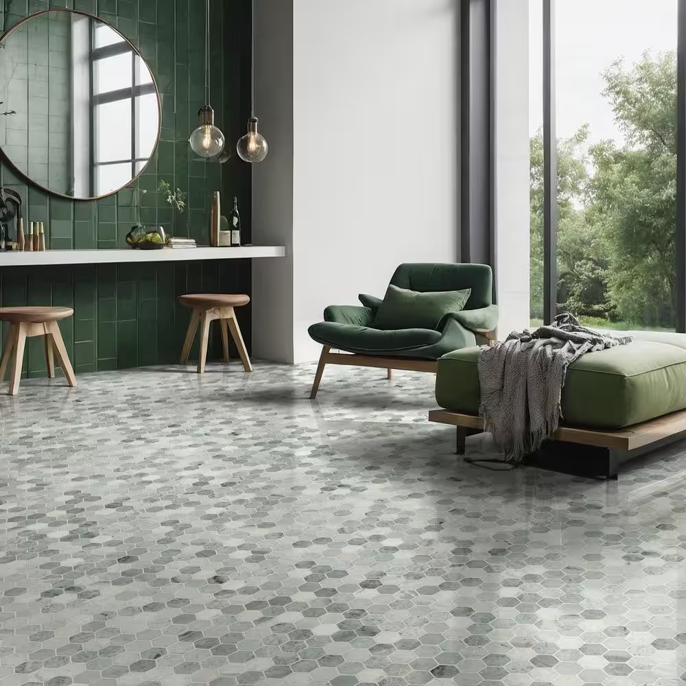 Icelandic Green 2 in. Hexagon 12x12 Polished Marble Mesh-Mounted Mosaic, SMOT-ICEGRE-2HEXP, 9.8sf, 10 pcs, 49 lbs, FINAL PRICE: $7.99/pc, $79.90/box + Tax