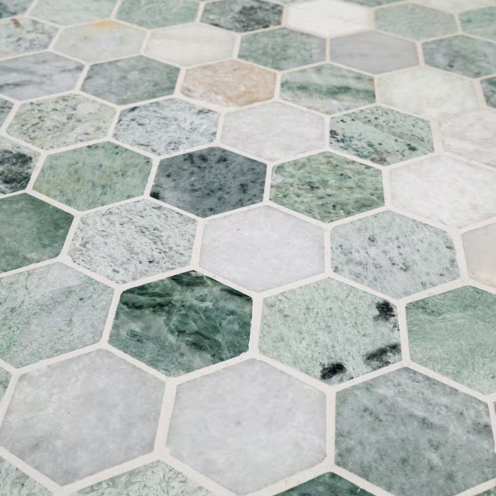 Icelandic Green 2 in. Hexagon 12x12 Polished Marble Mesh-Mounted Mosaic, SMOT-ICEGRE-2HEXP, 9.8sf, 10 pcs, 49 lbs, FINAL PRICE: $7.99/pc, $79.90/box + Tax