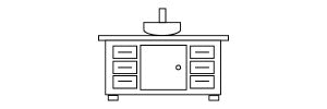 Line drawing of a bathroom vanity with a sink.