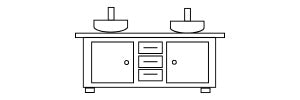 Line drawing of a bathroom vanity with two sinks and a cabinet.