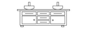 Line drawing of a bathroom vanity with two sinks.