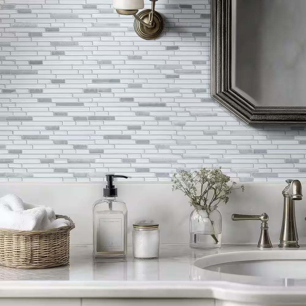 **PER PCS** Lucid Sky Interlocking 12x13 Glass/Metal Mesh-Mounted Mosaic, GLSMTIL-LUCSKY4, 4.06mm, 20pcs, 36 lbs, 0.98sf, Retail: $4.03/pc, FINAL PRICE: $1.99/pc + Tax