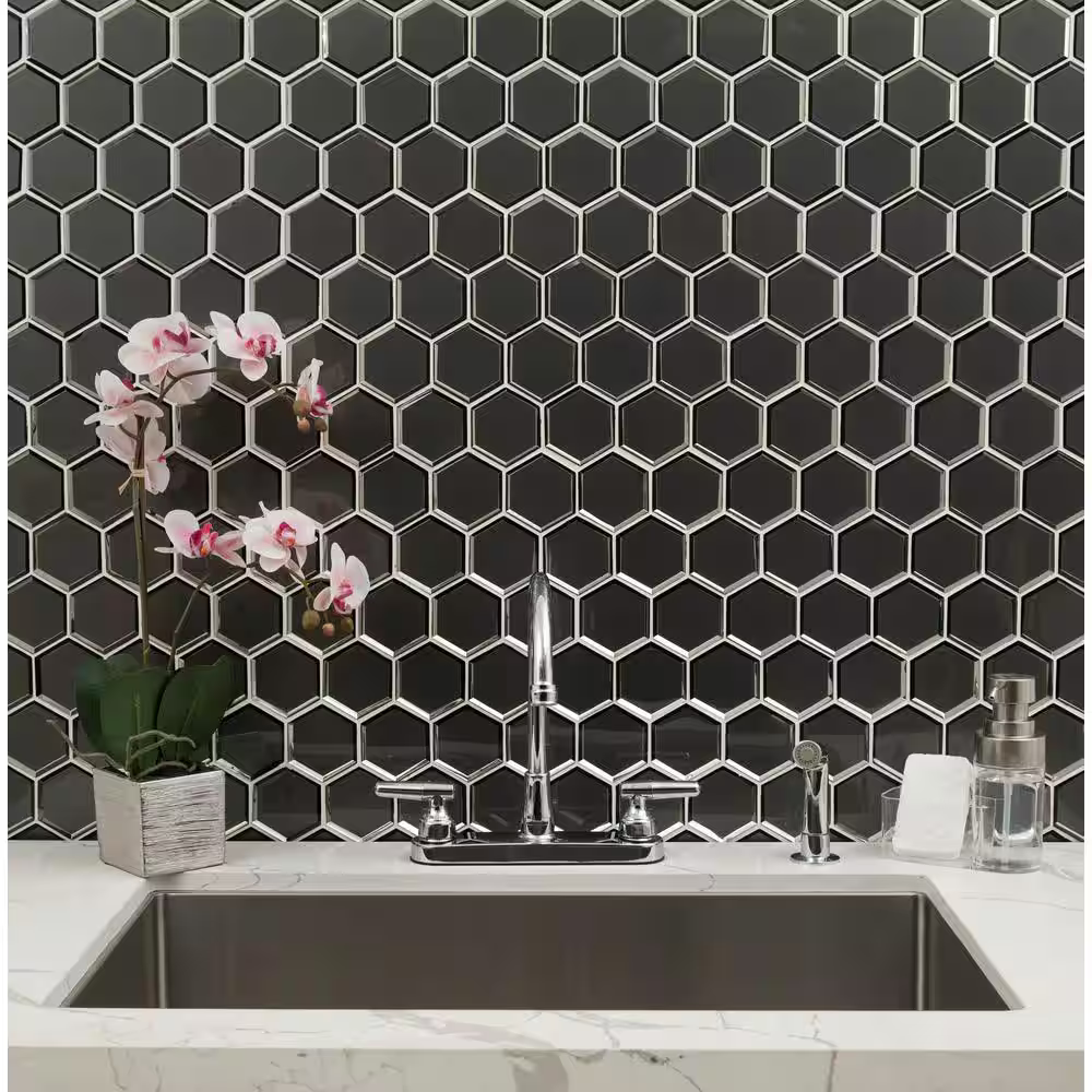 Metallic Gray 3 in. Beveled Hexagon 11x12 Glass Mesh-Mounted Mosaic, SMOT-GLS-MEGRBEHEX8MM, 8.9sf, 10 pcs, 32 lbs, FINAL PRICE: $9.99/pc, $99.90/box + Tax