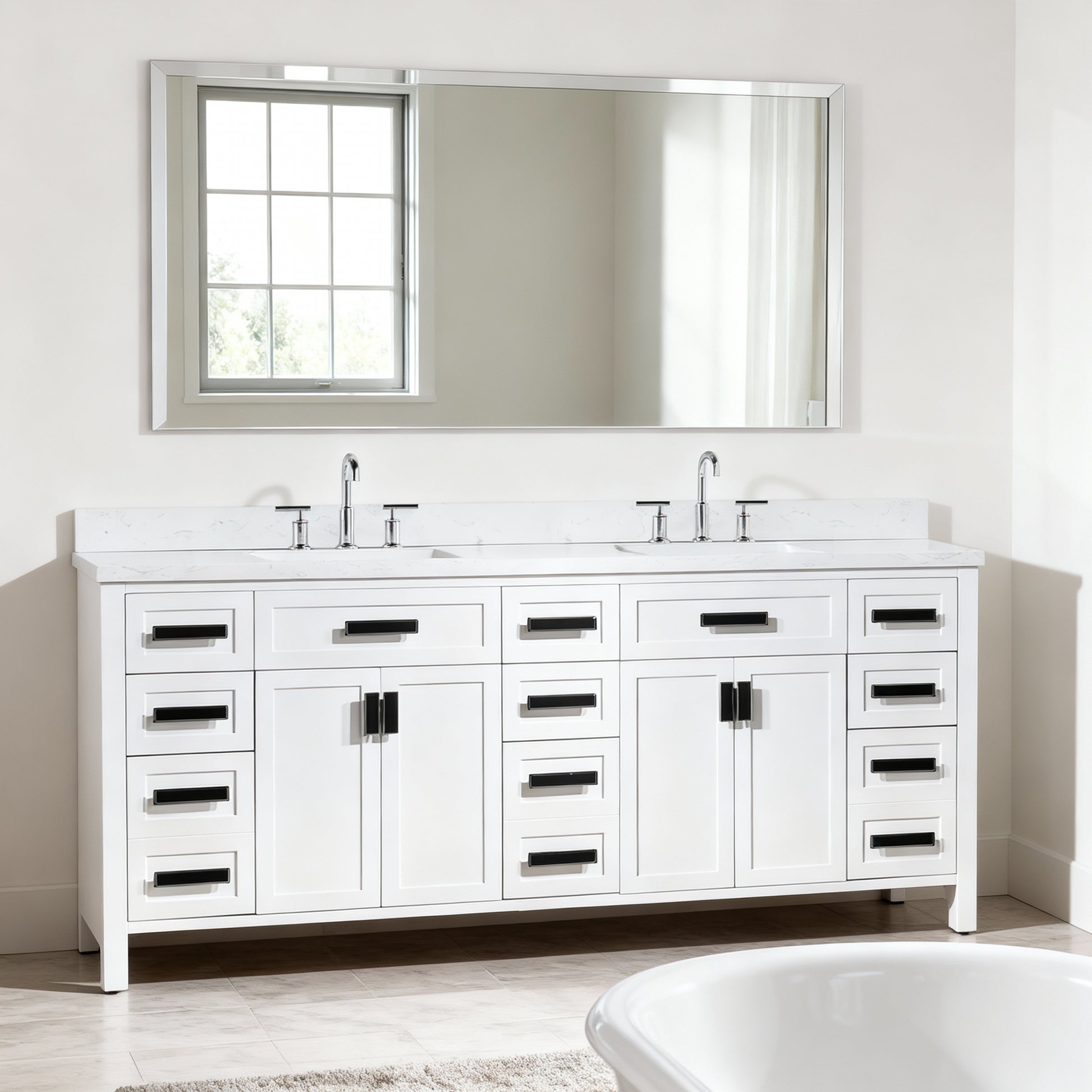Rose 84-in Double Sink Vanity with Engineered Carrara Top in White, ROSE3084WH [FB334], Retail: $2,299.00, FINAL PRICE: $1,599.99 + TAX