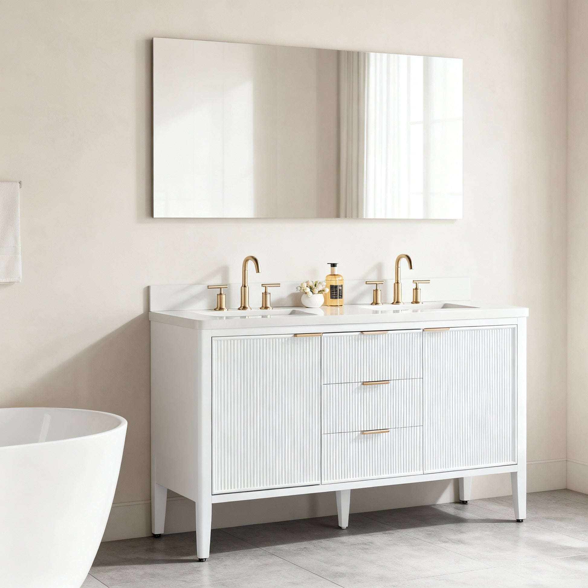 Tulip 60-in Double Sink Vanity with Engineered Carrara Top in White, Tulip13060WH [FB318], Retail: $1,590.00, FINAL PRICE: $1,299.99 + TAX
