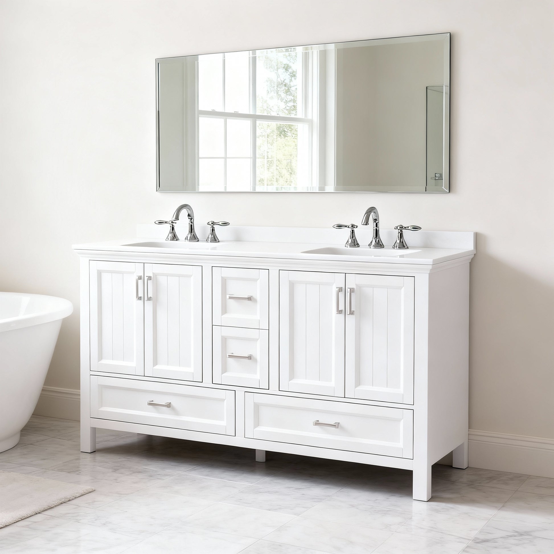 Rose 60-in Double Sink Vanity with Engineered Carrara Top in White, ROSE7060WH [FB328], FINAL PRICE: $1,199.99 + TAX