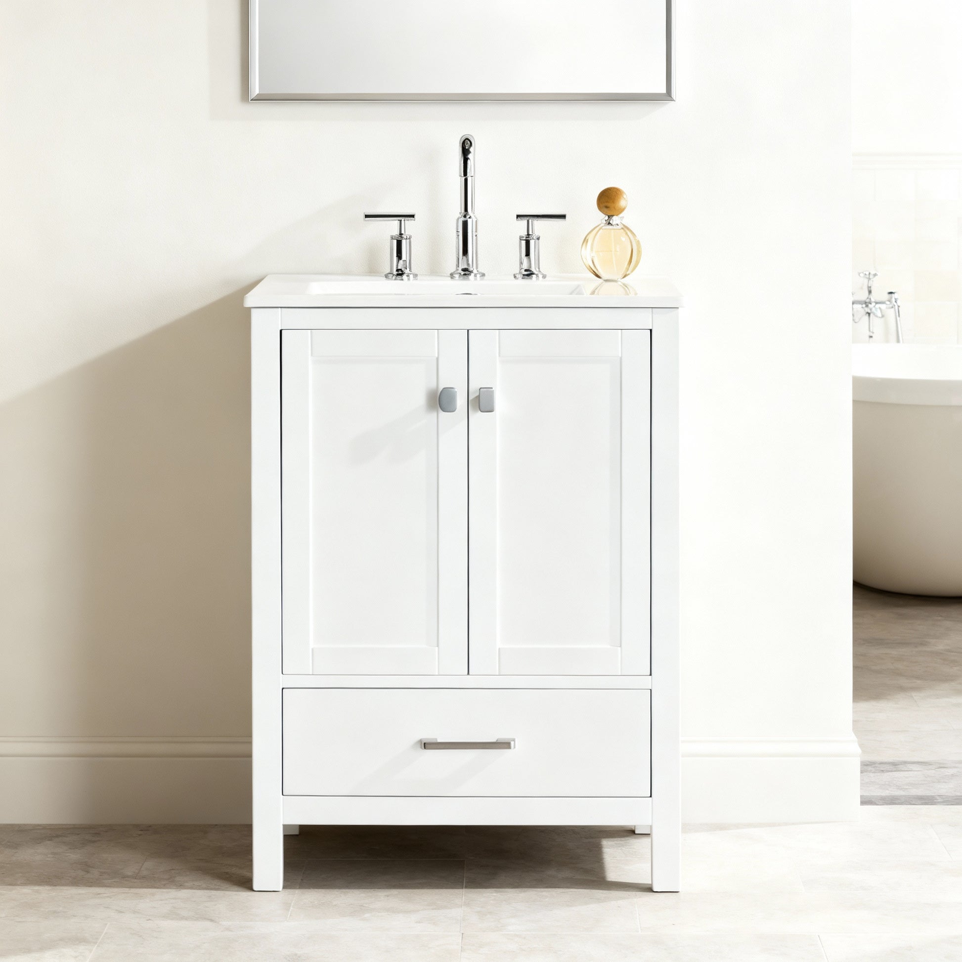 Rose 24-in Single Sink Vanity with Engineered Carrara Top in White, Rose1024WH [FB333], FINAL PRICE: $549.99 + TAX