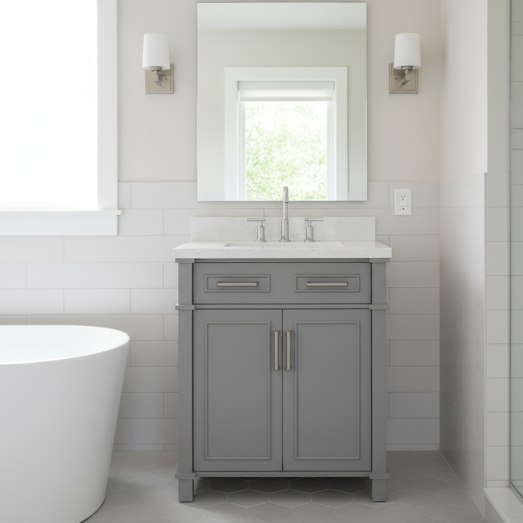 Iris 30-in Single Sink Vanity with Engineered Carrara Top in Gray, Iris7030GR [FB305], FINAL PRICE: $629.99 + TAX