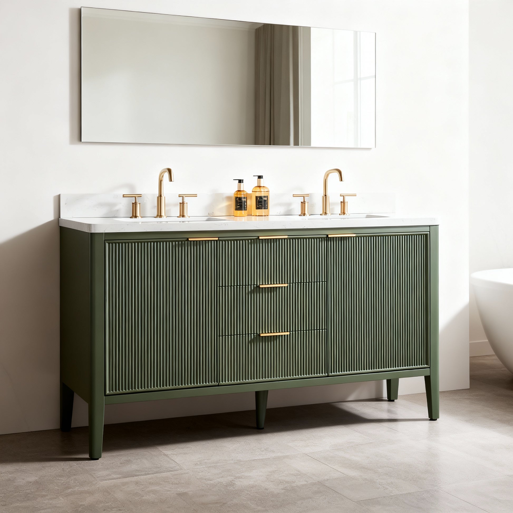 Tulip 60-in Double Sink Vanity with Engineered Carrara Top in Loden Green , Tulip13060GR [FB316], Retail: $1,590.00, FINAL PRICE: $1,299.99 + TAX
