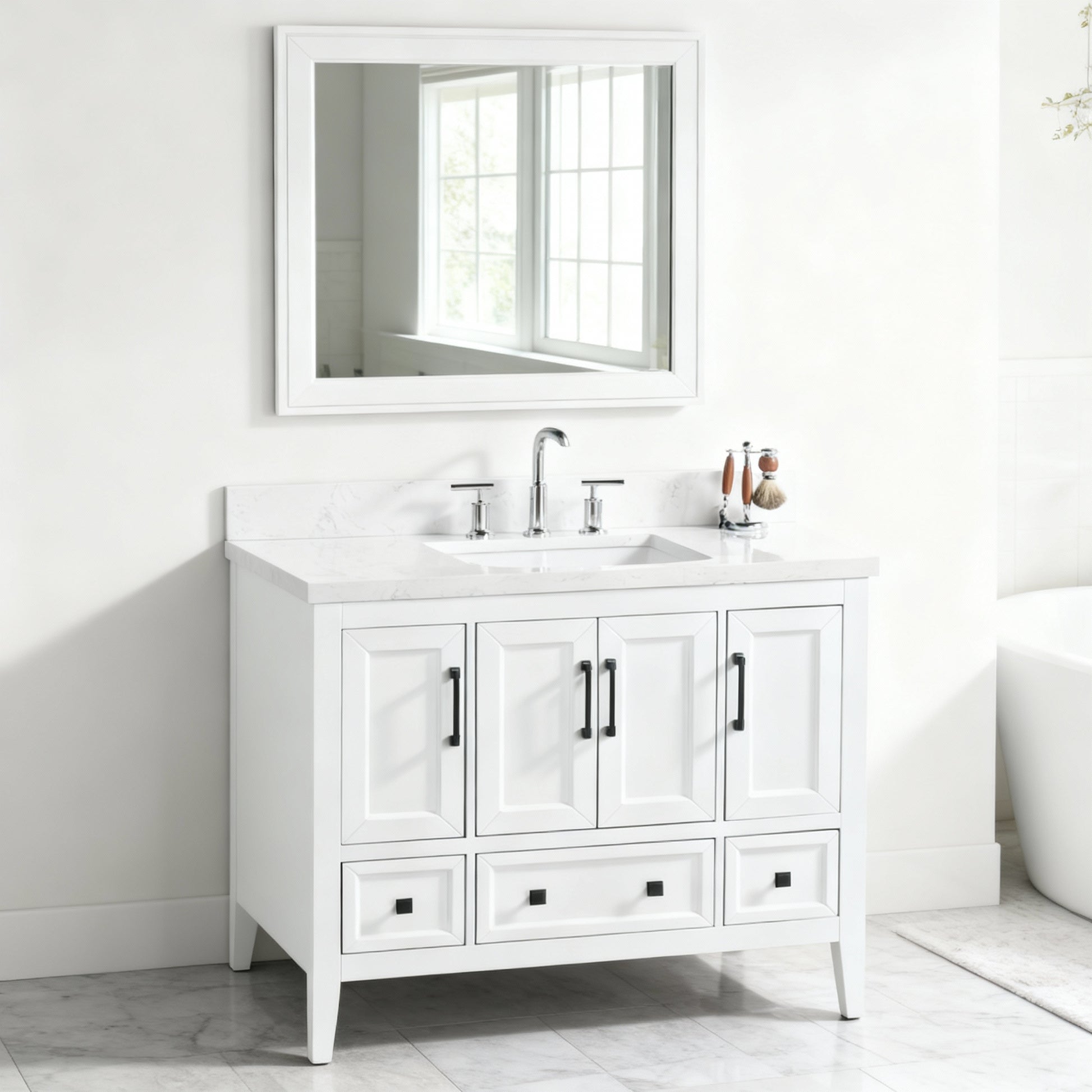 Sunflower 42-in Single Sink Vanity with Engineered Carrara Top in White, Sunflower20042WH [FB309], FINAL PRICE: $879.99 + TAX